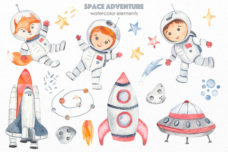 手绘插画卡通清新可爱太空宇航员火箭PNG免抠无背景素材图案02