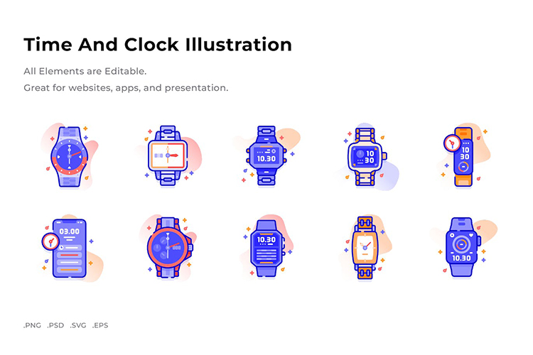 100个彩色手绘插画PNG/PSD手表时间免抠无背景设计素材图标08