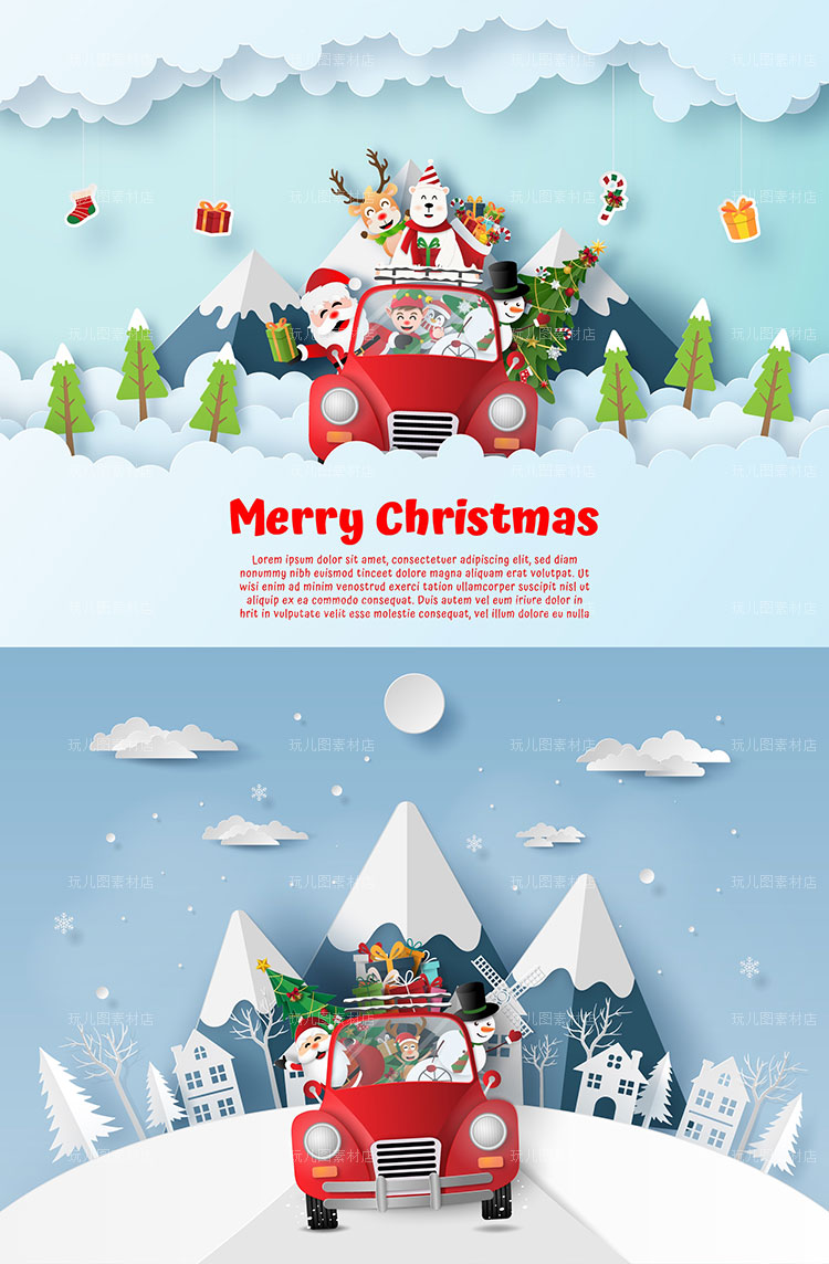 圣诞卡通剪纸风格动物建筑EPS矢量海报宣传活动促销素材模板06