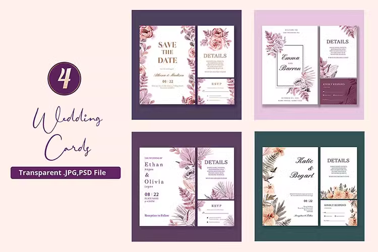 手绘唯美紫色花卉花朵水彩插画婚礼卡片PNG免抠设计素材图案02