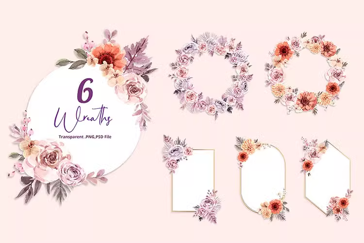 手绘唯美紫色花卉花朵水彩插画婚礼卡片PNG免抠设计素材图案05