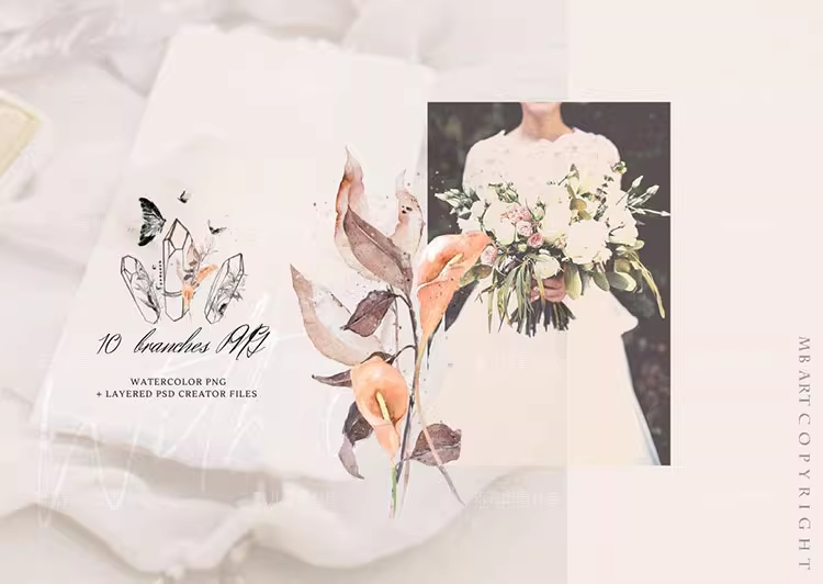 手绘线条艺术花卉婚礼剪贴画PNG免抠设计素材装饰卡片图案07