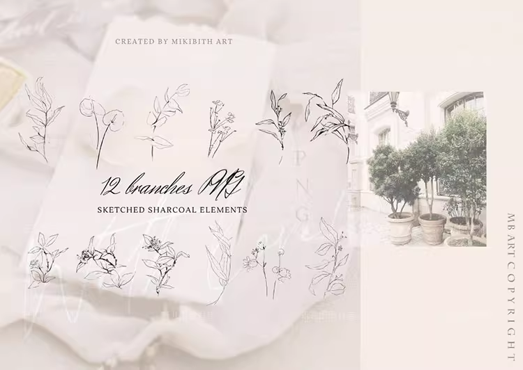 手绘线条艺术花卉婚礼剪贴画PNG免抠设计素材装饰卡片图案11