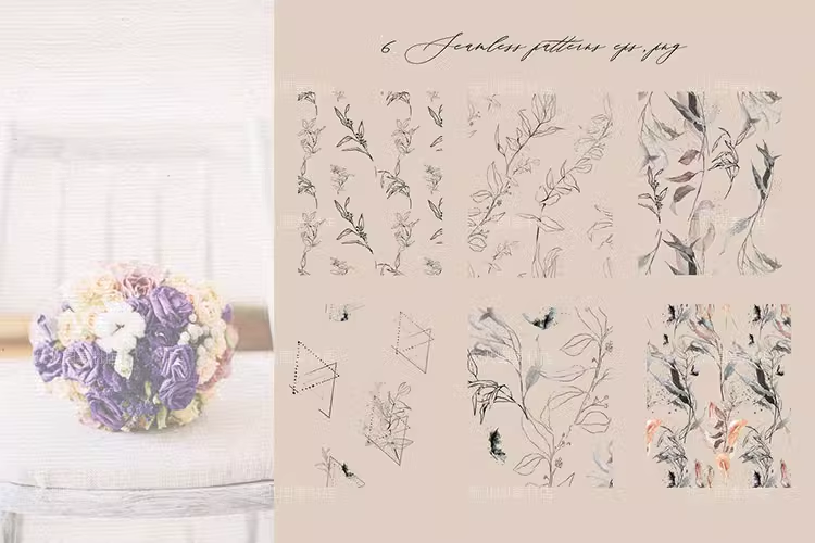 手绘线条艺术花卉婚礼剪贴画PNG免抠设计素材装饰卡片图案14