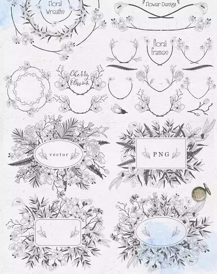 黑白精致手绘花朵装饰元素EPS/PNG矢量免抠设计插画素材图案07