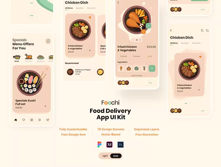 XD/PSD格式完美的App UI用于食品餐饮Foochi送餐素材模板