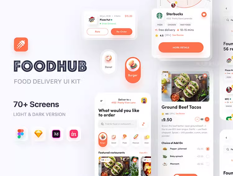 XD/SKETCH格式美食食品交付配送移动App应用UI套件素材模板