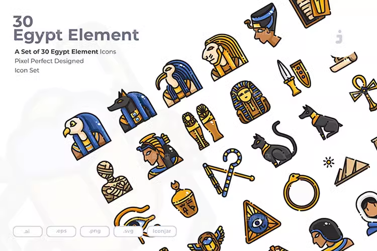 30枚埃及民族元素主题AI/EPS/PNG/SVG矢量彩色轮廓线icon图标01