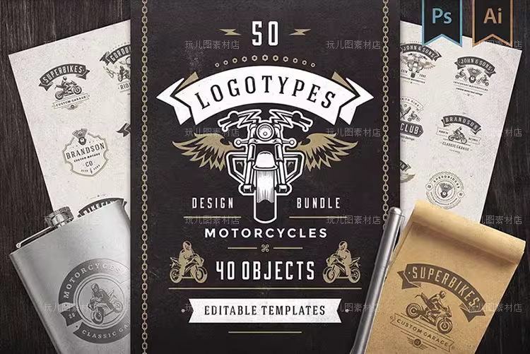 50款复古摩托车Logo标志AI/EPS/PSD矢量分层徽章设计素材模板